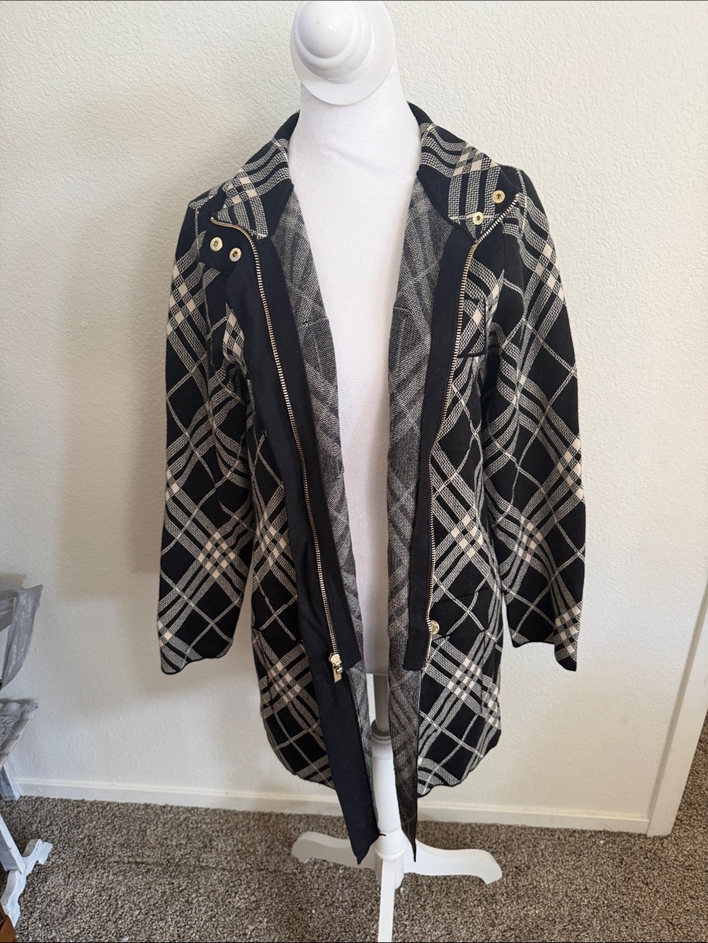 Anne Klein Black and Cream Plaid Hooded Trench Coat